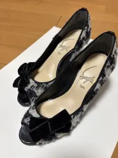 オープントゥパンプス 黒と白のツイード 2½