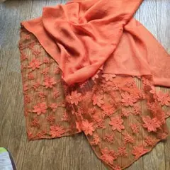 オレンジ 花柄レース切り替え ストール ショール
