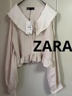 ZARA刺繍ビッグカラー ブラウスLサイズフリル ショート丈トップス新品タグ付き