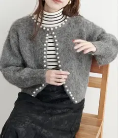 natural couture アルパカタッチパールトリムカーディガンのサムネイル