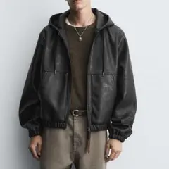 ZARA コントラストフード付きフェイクレザージャケット Mサイズ - メルカリ