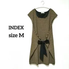 【インデックス】茶色と黒のボーダー 半袖　ひざ丈リボンワンピース　M　大人可愛い