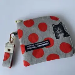 L字ファスナーポーチ エチノ生地　メガネねこ柄　赤