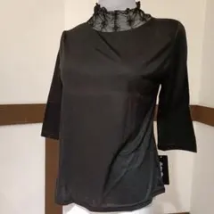 新品未使用　ブラック 3/4袖 レース襟 トップス　M~Lサイズ