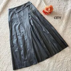 シティー CITY フェイクレザープリーツスカート ロング モード 日本製 黒のサムネイル