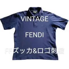 ビンテージ FENDI ズッカ柄&ロゴ刺繍入り ポロシャツ ネイビー フェンディ