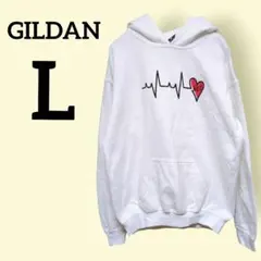 GILDAN【L】ホワイト パーカー ロゴプリント ハート 白のサムネイル