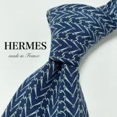 HERMES ネクタイ ファソネH ブルー 青 刺繍 総柄 ネイビー 紺 白
