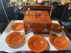 飛弾春慶塗 オレンジ 漆器 菓子器と皿5枚セット