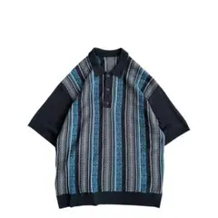 【美品】USED 00s マルチストライプ ジャガードニット ポロシャツ BLK