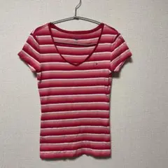 TOMMY HILFIGER Vネック ボーダーTシャツ ピンク Sのサムネイル