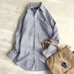 【ラルフローレン】オックスフォードシャツ　ポニー刺繍　チェック　オフィス　青　M