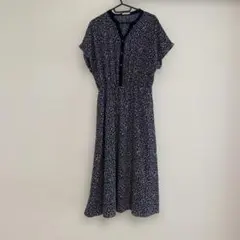 ハニーズ　小花柄　ロングワンピース　ネイビー　紺　L