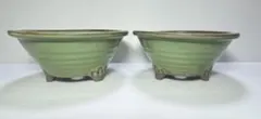 グリーン釉 盆栽鉢 2点セット 小品盆栽 寄せ植え