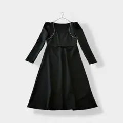 SHEIN パール付き ストレッチ ミディ丈 フレアワンピース ブラック L