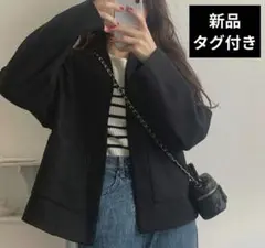 【新品】LAUIRラウアー　ノーカラーフロントフックショートコート　ブラック　M