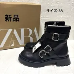 【新品】ZARA 本革 ブラック バックル トラックソールショートブーツ38