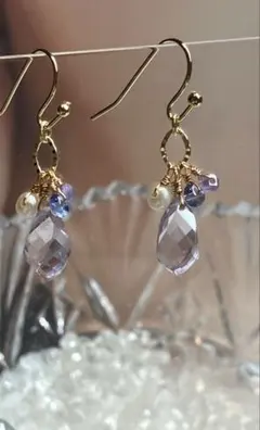 14kgf 天然石ピアス　ピンクアメジスト タンザナイト　アメジスト