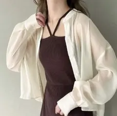XL　JUNOAH　シアー　スタンドカラー　ショートシャツ　クリームのサムネイル