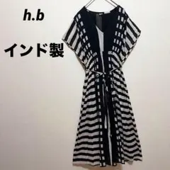 h.b インド綿　ウエストギャザーロングワンピース　フレンチスリーブ　ボーダー