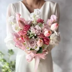 【レンタル戻り】ピンクチューリップ×ピンクバラクラッチブーケ☆ブートニア