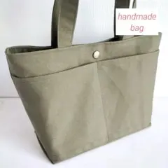 handmade　トートバッグ　国産帆布キャンバス　ポケットいっぱい　オリーブ