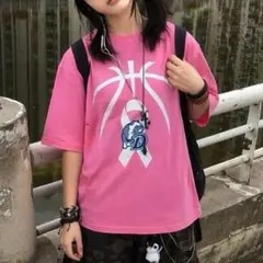 【ゆるダボ】 ピンク Tシャツ バスケロゴ ブルドッグ Y2K ストリート