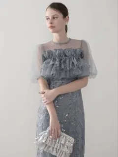 3WAYチュールラッフルフラワースパンコールIラインワンピースドレス結婚式二次会