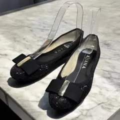 極美品　ダイアナ　グリッター　リボン　ブラック フラットシューズ　22.5