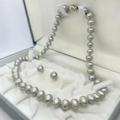 【925刻印入り】グレーカラー淡水パールピアス&ネックレス セット オーバル