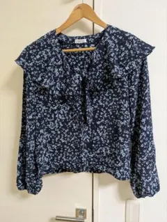 FRAY.ID ネイビー花柄フリル襟ブラウス M
