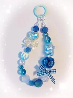 【即購入OK】ブルー系ハートリボンビーズストラップチャーム ハンドメイド