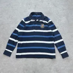 k1609 クロコダイル ポロシャツ 長袖 ボーダー ワンポイント 綿100 M