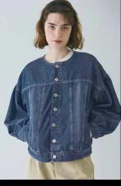 新品ダークブルー ボリュームスリーブ デニムジャケット Lサイズ