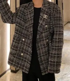 ダブルブレスト テーラードジャケット 黒白チェック
