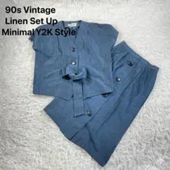 90s リネンセットアップ ノーカラージャケット スカートスーツ 麻混 9号
