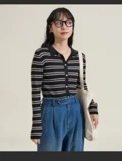 リブ編みボタン付きカーディガン 黒と白のストライプ