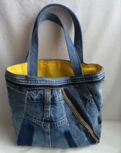 リメイクデニム　パッチワーク　ミニトートバッグ 　青