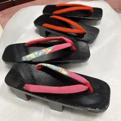 下駄 4足セット 黒 木製 花柄 鼻緒