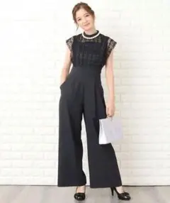 【新品級】LACE LADIES ハイウエスト レース切替 パンツドレス XL