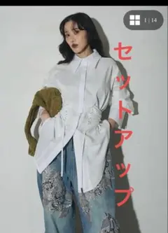 【Andrea&Co.】SETウエストレースアップブラウス＆ビジュー刺繍デニムのサムネイル
