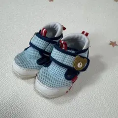 ミキハウス　水色 ネイビー メッシュ ベアモチーフ ファーストシューズ