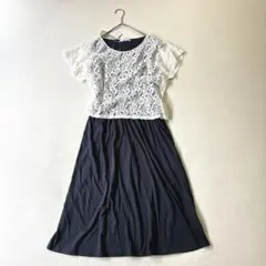 ドッキングワンピース 新品　レース切替 半袖 フレア LL 体型カバー