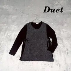 Duet 長袖チュニック レイヤードネック サイドリボン 伸縮性あり 光沢 豹柄