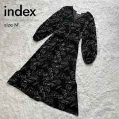 【美品】index 花柄ワンピース M 黒 白 フラワープリント 長袖 Aライン