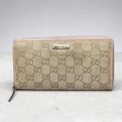 GUCCI 구찌 GG 캔버스 라운드 패스너 긴 지갑 베이지 핑크