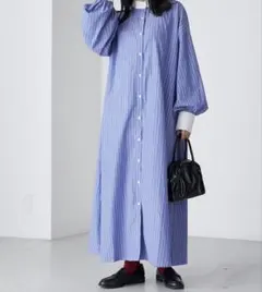 ボリュームスリーブ バンドカラーマルチストライプロングシャツワンピース