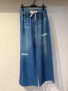 【新品タグ付】Vin ワイドパンツ デニムブルー ダメージ加工プリント