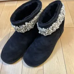 パール　ラインストーン　黒 スエード ムートンブーツ
