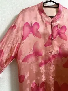 【最終値下げ】秋色新品長袖ピンクジャカードシルク蝶模様 和風ジャケット ゆったり